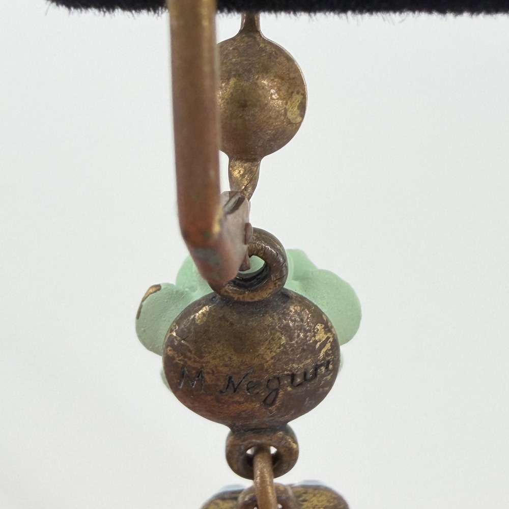 Michal Negrin Rose Floral Drop Earrings Green Blue Crystal Brass Leverback - Picture 2 of 8